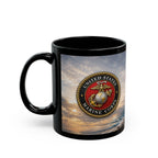 A black coffee mug with a design featuring the United States Marine Corps emblem.