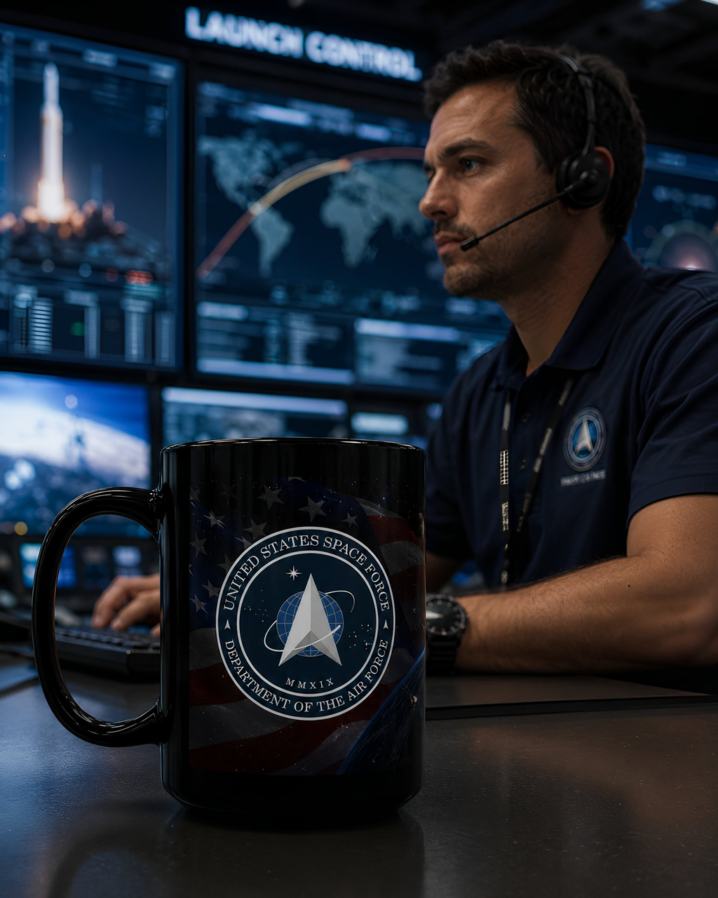 A man in a blue shirt with a NASA logo is sitting at a desk in a control room, with a mug featuring the United States Space Force logo in front of him.
