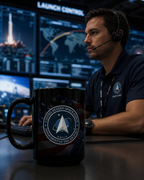 A man in a blue shirt with a NASA logo is sitting at a desk in a control room, with a mug featuring the United States Space Force logo in front of him.