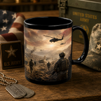 A black coffee mug with a military scene printed on it, featuring soldiers and a helicopter in the sky. The mug is placed on a wooden surface, surrounded by various military memorabilia such as a U.S. Army insignia, a hat, and a chain with a U.S. Army tag.