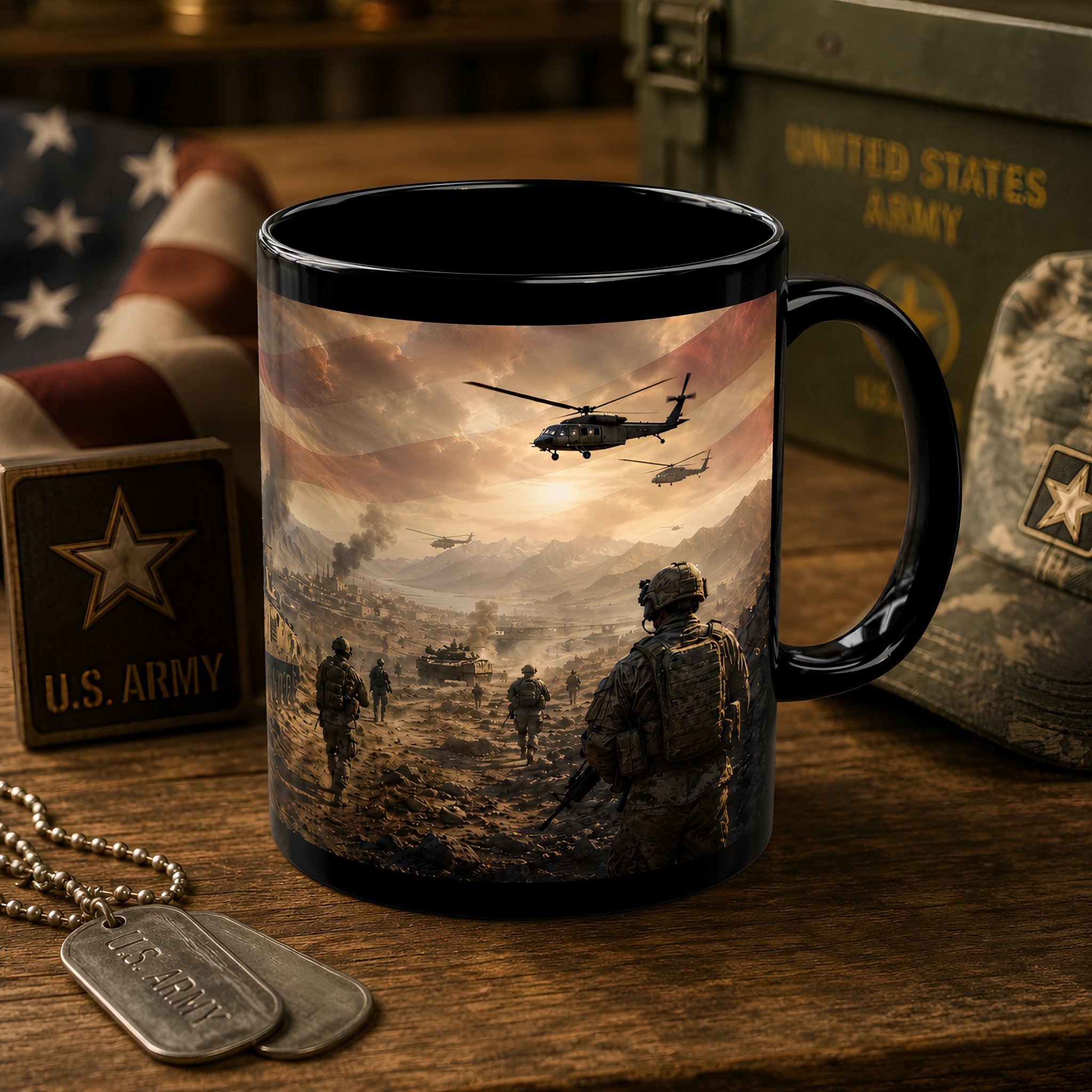 A black coffee mug with a military scene printed on it, featuring soldiers and a helicopter in the sky. The mug is placed on a wooden surface, surrounded by various military memorabilia such as a U.S. Army insignia, a hat, and a chain with a U.S. Army tag.