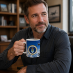 A man with a beard is sitting at a desk, holding a mug with a military emblem on it.