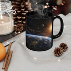 A black mug with a space-themed design, featuring planets and stars, sits on a table surrounded by pine cones and a lit candle.