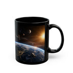 A black coffee mug with a space-themed image depicting a satellite, planet, and stars against a backdrop of the Earth.