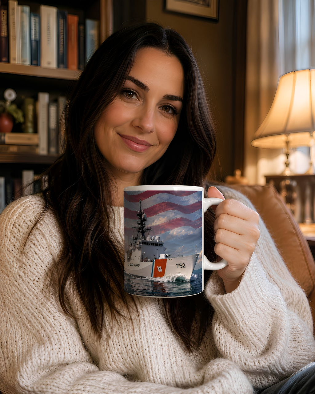 A woman is sitting in a chair, holding a mug with an image of a ship on it.