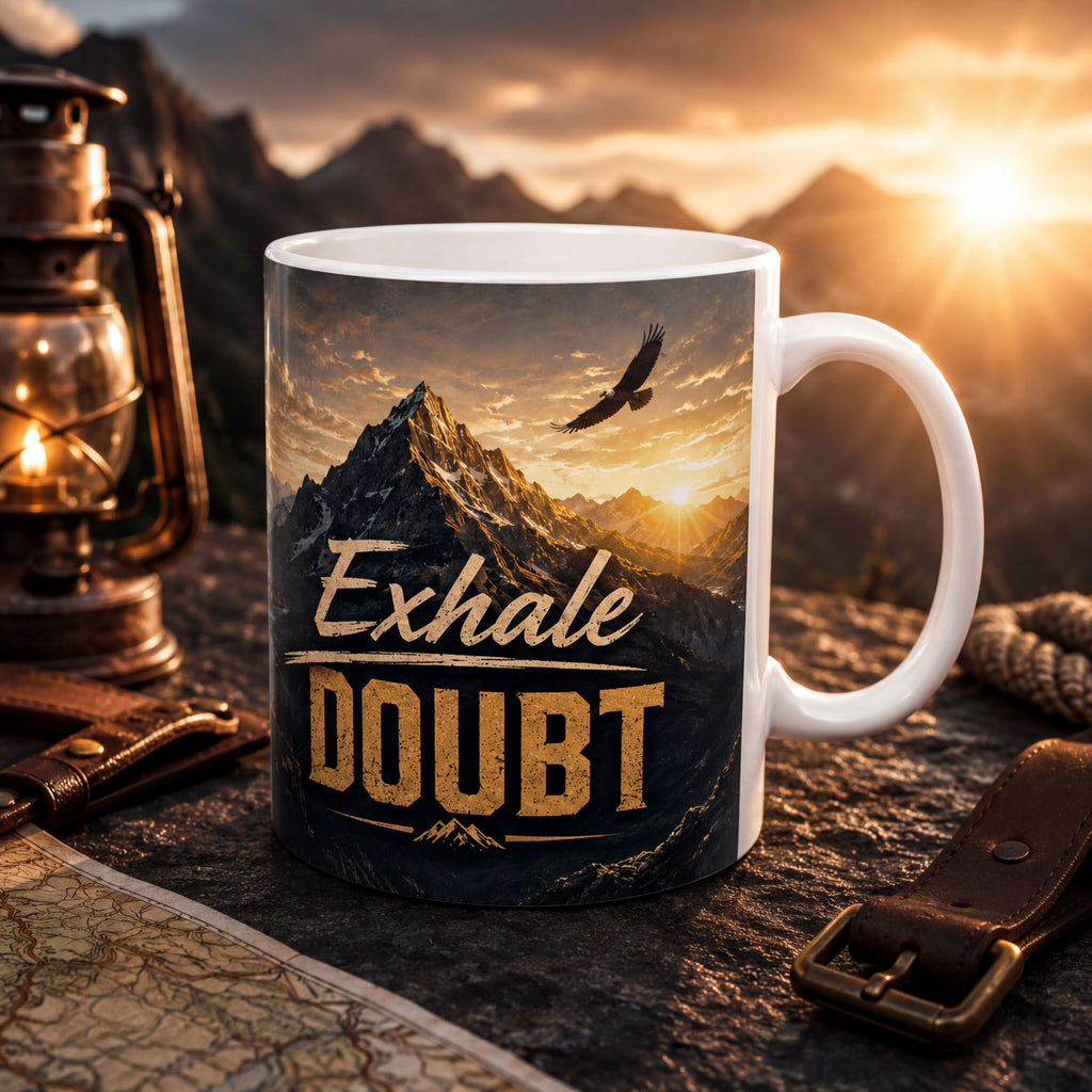 A mug with a mountain landscape and a bird in flight, along with the text "Exhale DOUBT" printed on it, sits on a surface with a lantern and a map in the background.