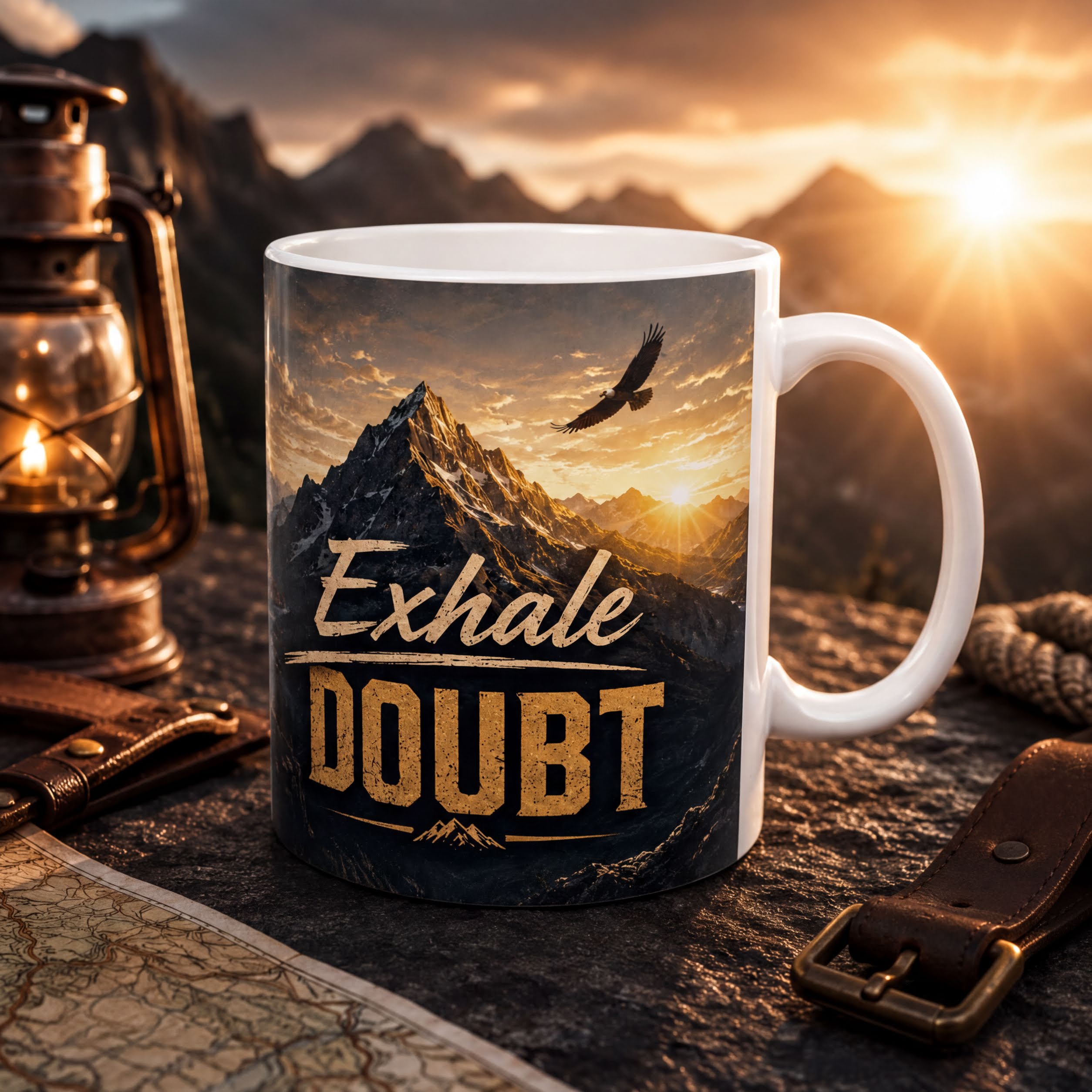 A mug with a mountain landscape and a bird in flight, along with the text "Exhale DOUBT" printed on it, sits on a surface with a lantern and a map in the background.