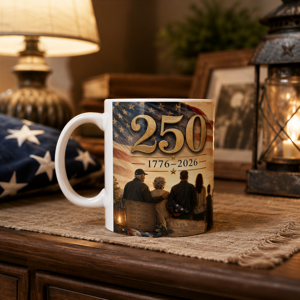 A white mug with a printed design on it, featuring a group of people and an American flag, placed on a wooden surface.