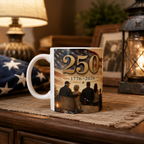 A white mug with a printed design on it, featuring a group of people and an American flag, placed on a wooden surface.