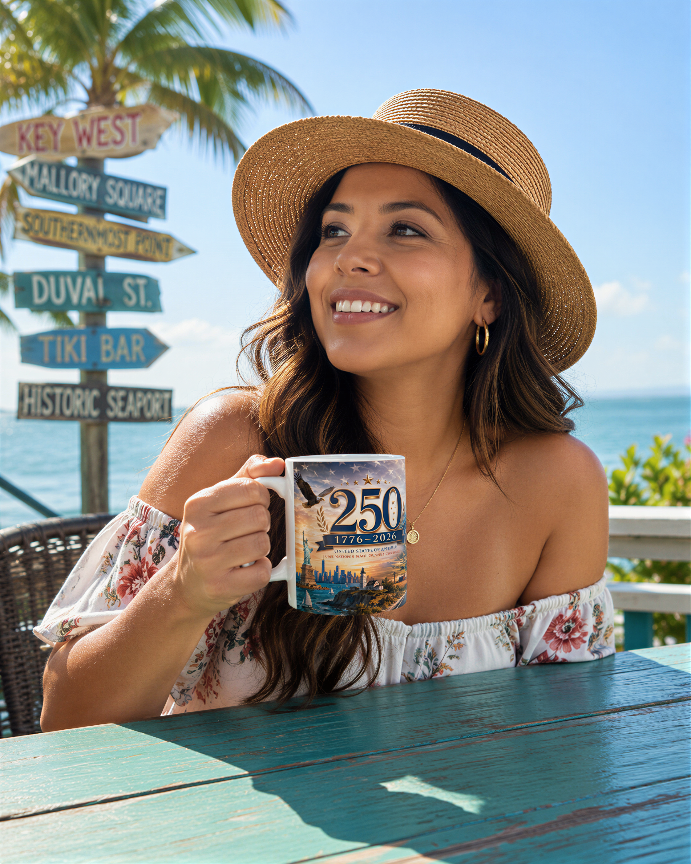 A woman wearing a straw hat and floral print top is sitting at a table, holding a mug with a picture of a city skyline.