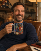 A man is sitting in a chair, holding a mug with a colorful design, and smiling.