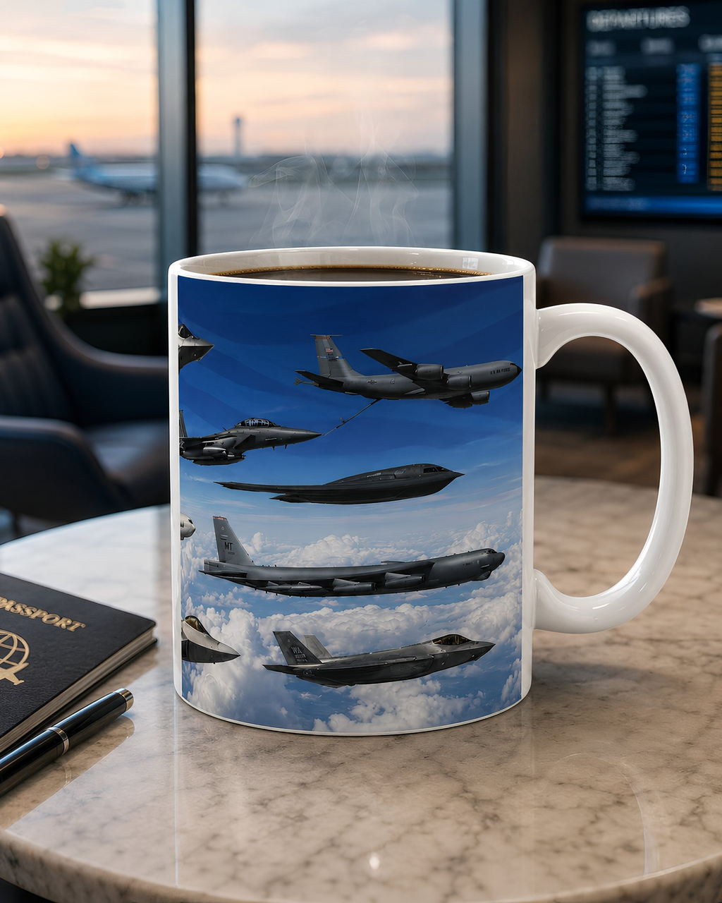 A coffee mug with a printed image of fighter jets flying in formation against a blue sky background.