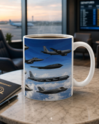 A coffee mug with a printed image of fighter jets flying in formation against a blue sky background.