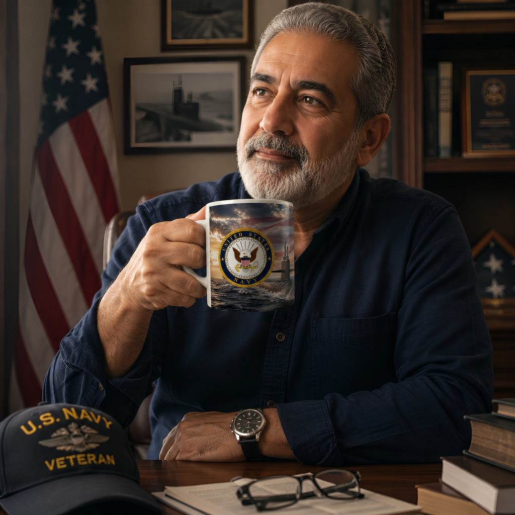 A man with a beard and mustache is sitting at a desk, holding a mug with a U.S. Navy logo, and wearing a U.S. Navy hat.