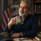 A man with a beard and mustache is sitting at a desk, holding a mug with a U.S. Navy logo, and wearing a U.S. Navy hat.