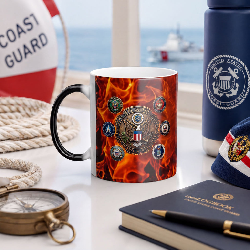 a mug with a design of flames and various military insignia, surrounded by nautical items such as a compass, a book, and a hat.