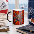 a mug with a design of flames and various military insignia, surrounded by nautical items such as a compass, a book, and a hat.