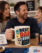 A man holding a mug with a humorous message, surrounded by a woman and a child, all smiling and appearing to be celebrating Father's Day.