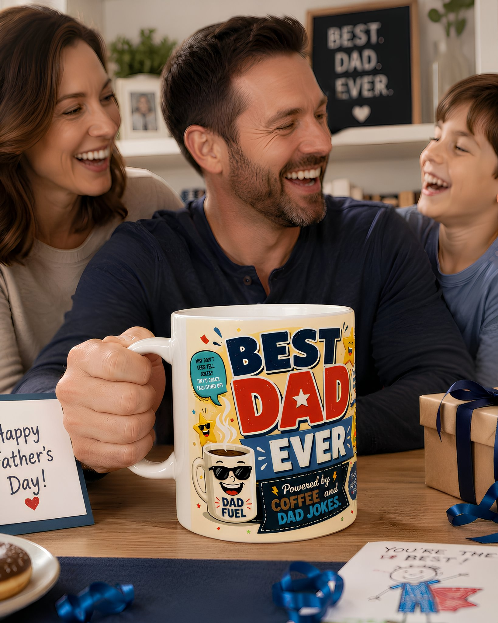 A man holding a mug with a humorous message, surrounded by a woman and a child, all smiling and appearing to be celebrating Father's Day.