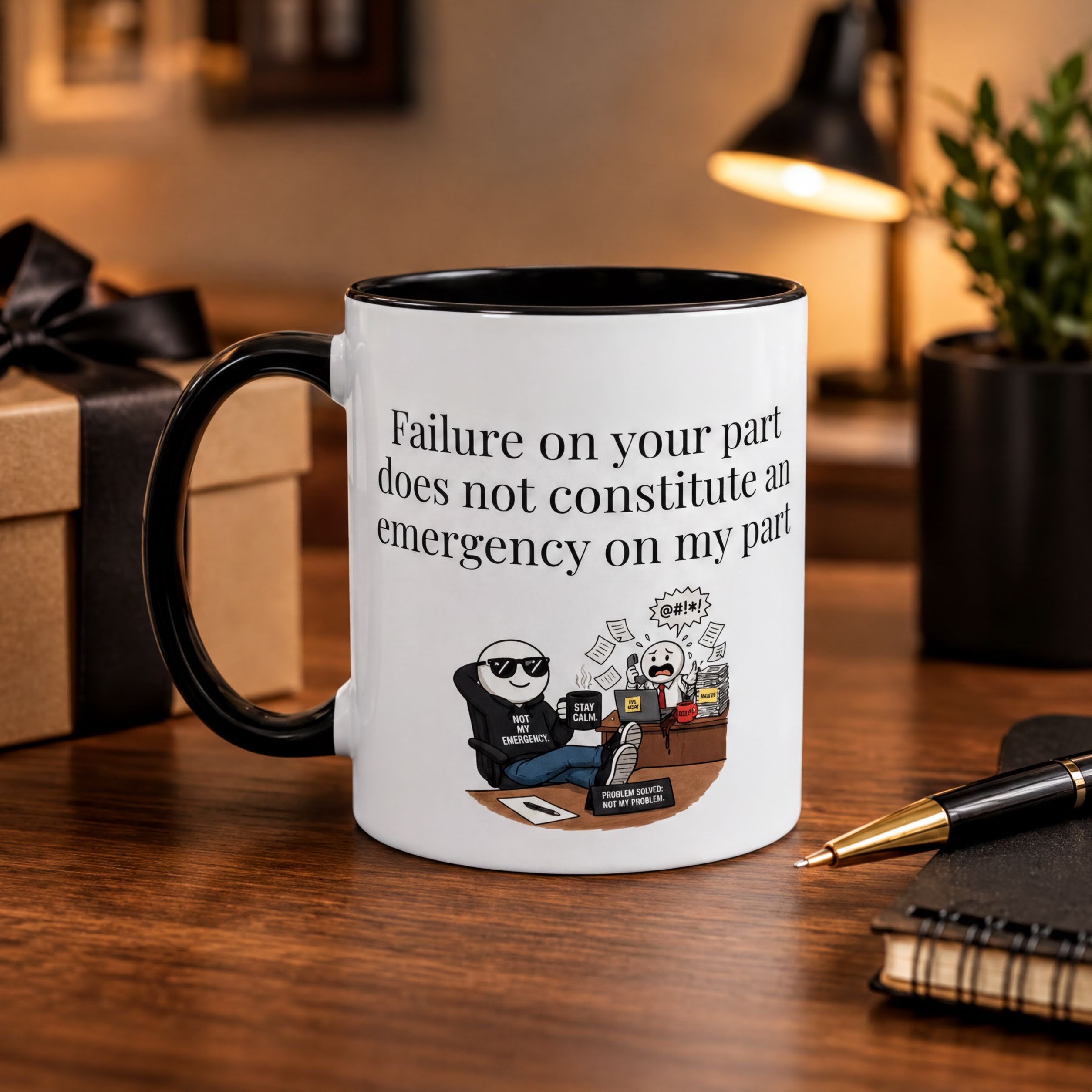 A white mug with a black handle, featuring a cartoon image of a person with a concerned expression, sitting at a desk with a book and a pen.