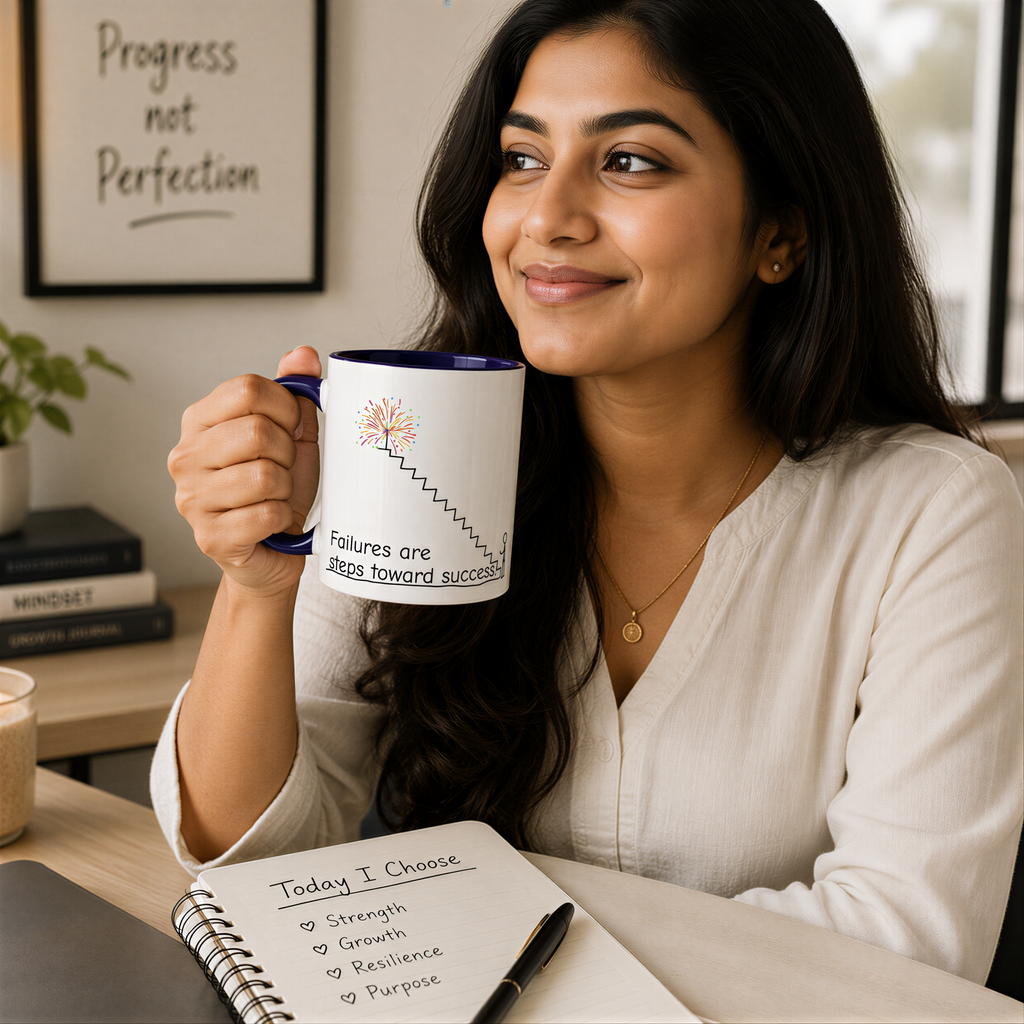 A woman is sitting at a desk, holding a mug with a motivational quote on it, and looking at a notebook with a list of goals or aspirations.