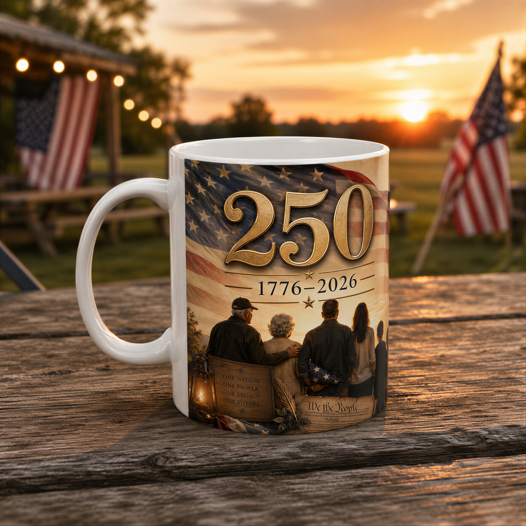 A white mug with a printed design on it, featuring an American flag and a group of people, along with the text "250 1776-2026" and "We the People".