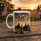 A white mug with a printed design on it, featuring an American flag and a group of people, along with the text "250 1776-2026" and "We the People".