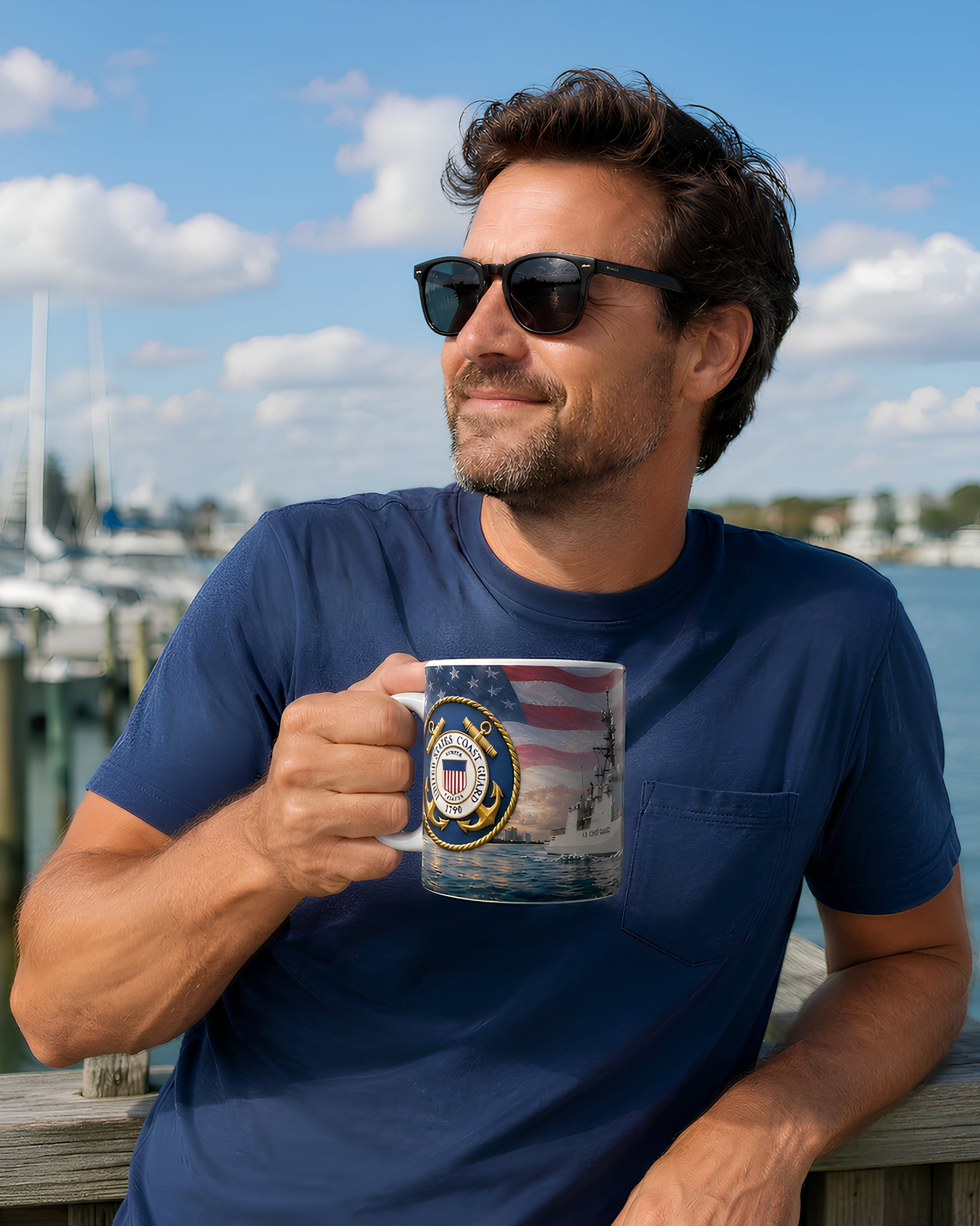A man wearing sunglasses and a navy blue t-shirt is holding a mug with an American flag design, standing near a body of water with boats in the background.