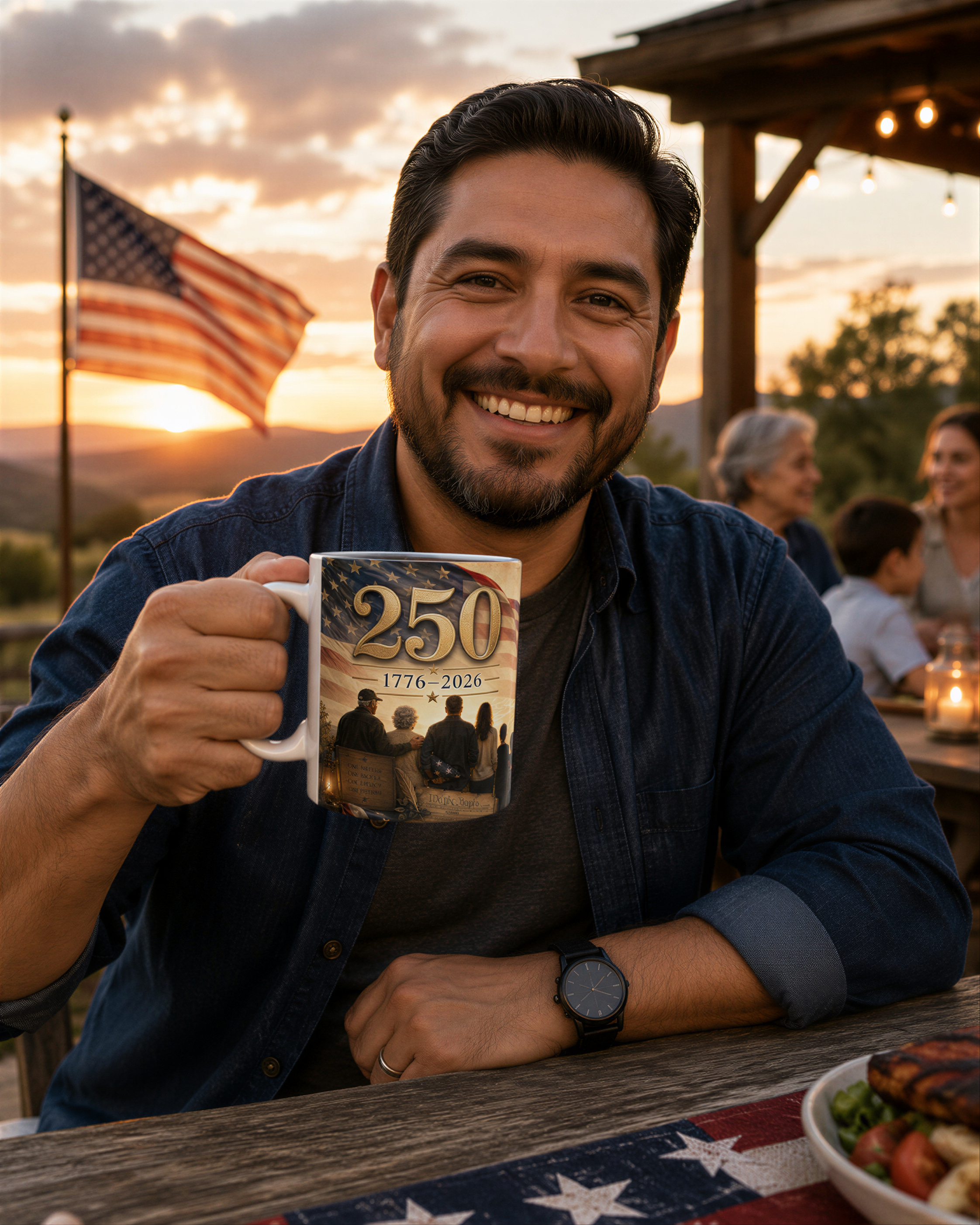 A man is sitting at a table, holding a mug with an image of three people on it. The setting appears to be outdoors, with an American flag visible in the background.