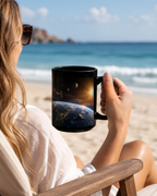 A person is sitting on a beach chair, holding a mug with a space scene printed on it, while the ocean and sky are visible in the background.