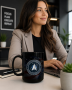 A woman is sitting at a desk, working on a laptop computer. She is wearing a beige jacket and has a black mug with an American flag design on the desk in front of her.