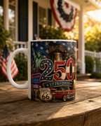 A white coffee mug with an American diner and Route 66 sign printed on it, along with a large number "250" and a bell tower.