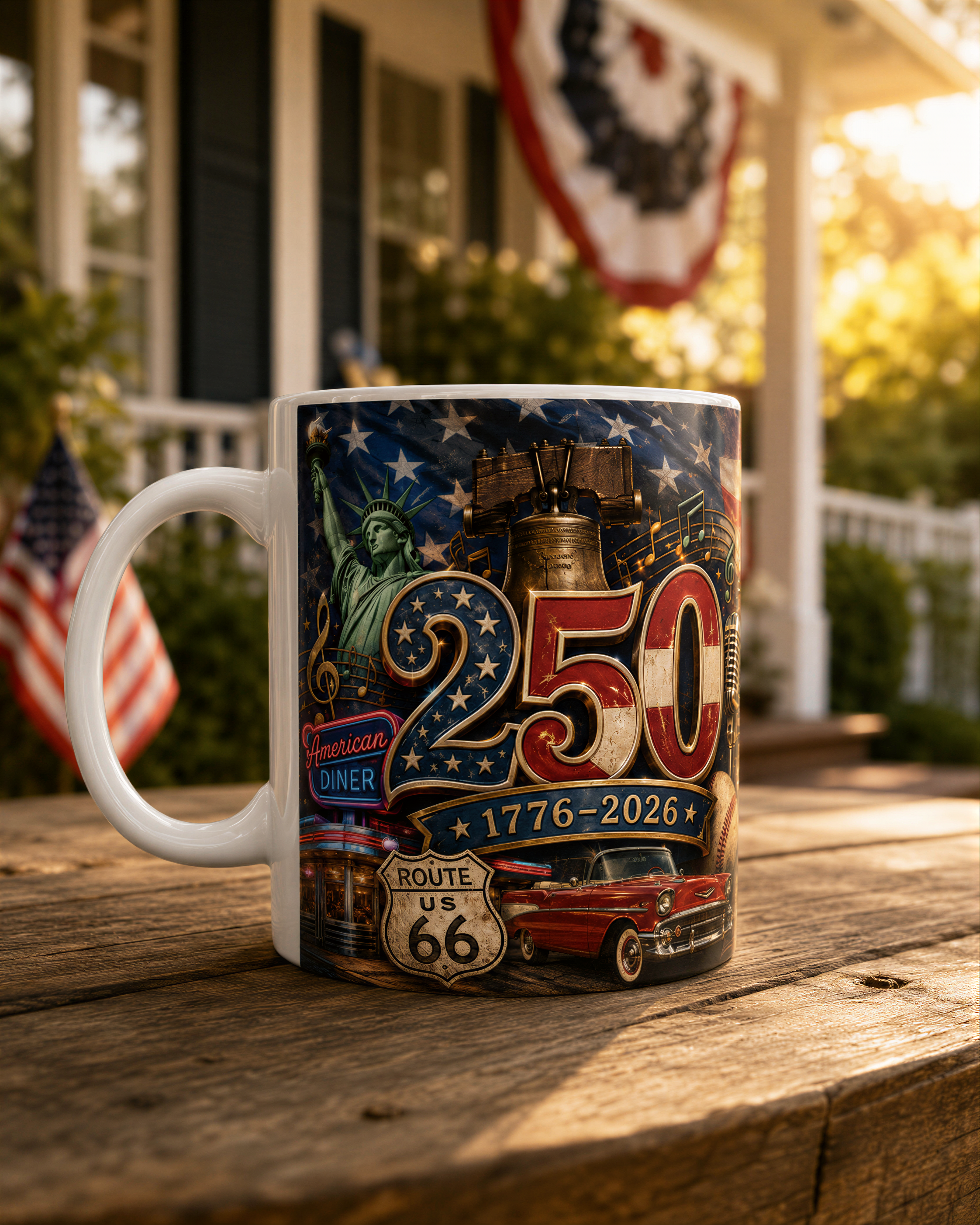 A white coffee mug with an American diner and Route 66 sign printed on it, along with a large number "250" and a bell tower.
