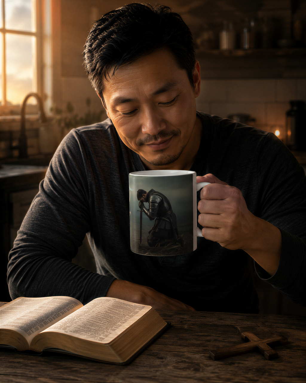 A man is sitting at a table, holding a mug with an image of a person in a contemplative pose, while an open book and a cross are also present on the table.