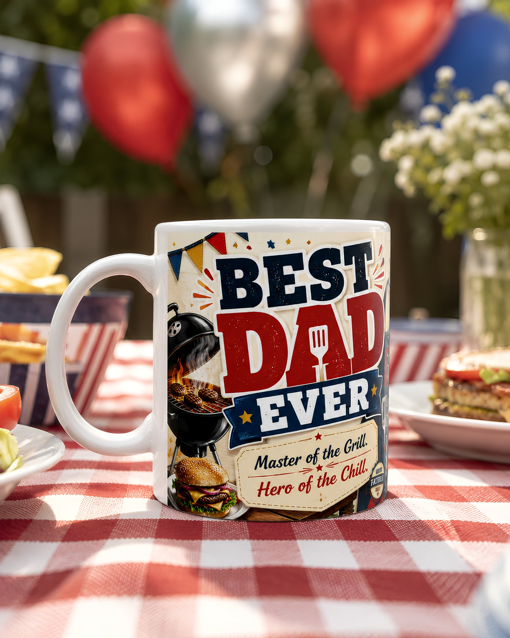 A white mug with a printed design on it, placed on a table with a red and white checkered tablecloth.