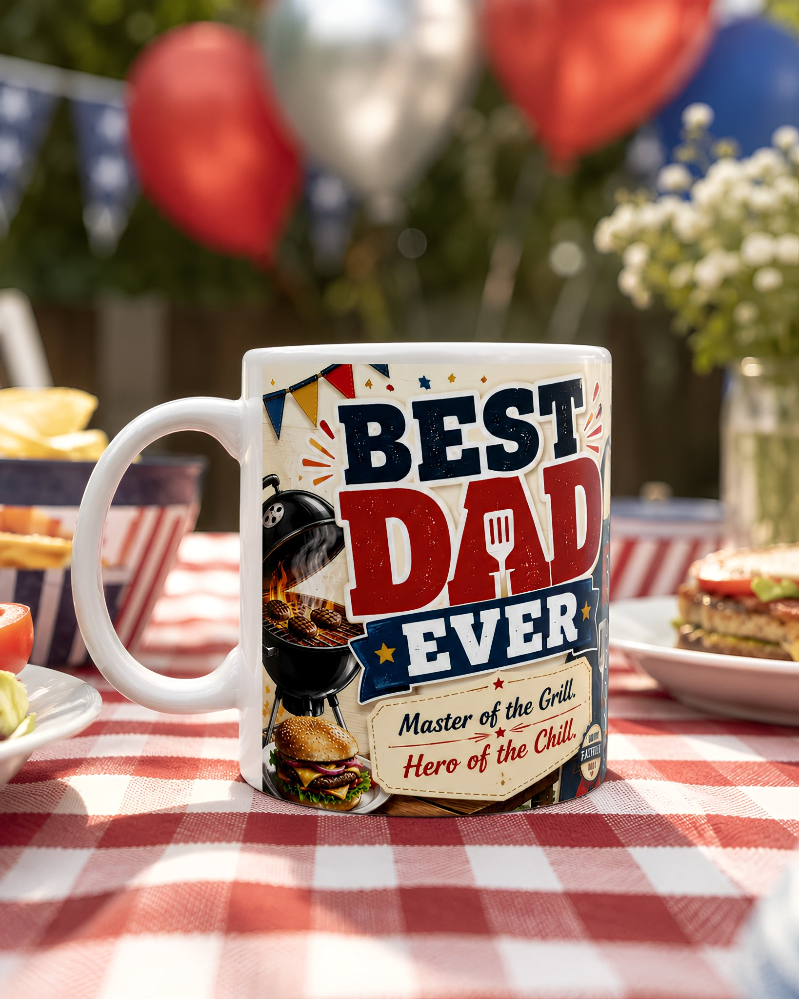 A white mug with a printed design on it, placed on a table with a red and white checkered tablecloth.