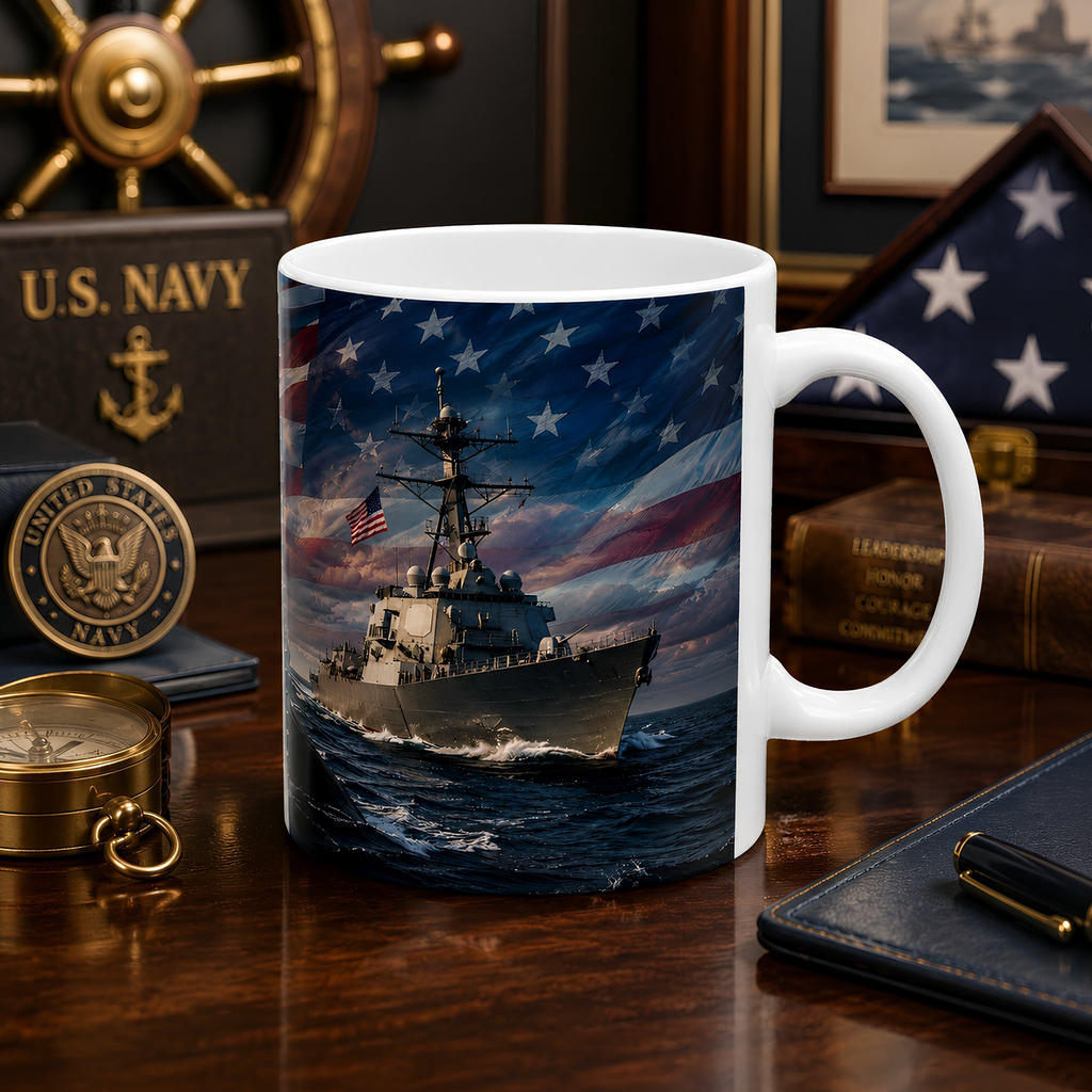 a mug with a naval ship printed on it, placed on a wooden surface alongside various military memorabilia, including a compass, a U.S. Navy insignia, and a framed photograph of a ship.