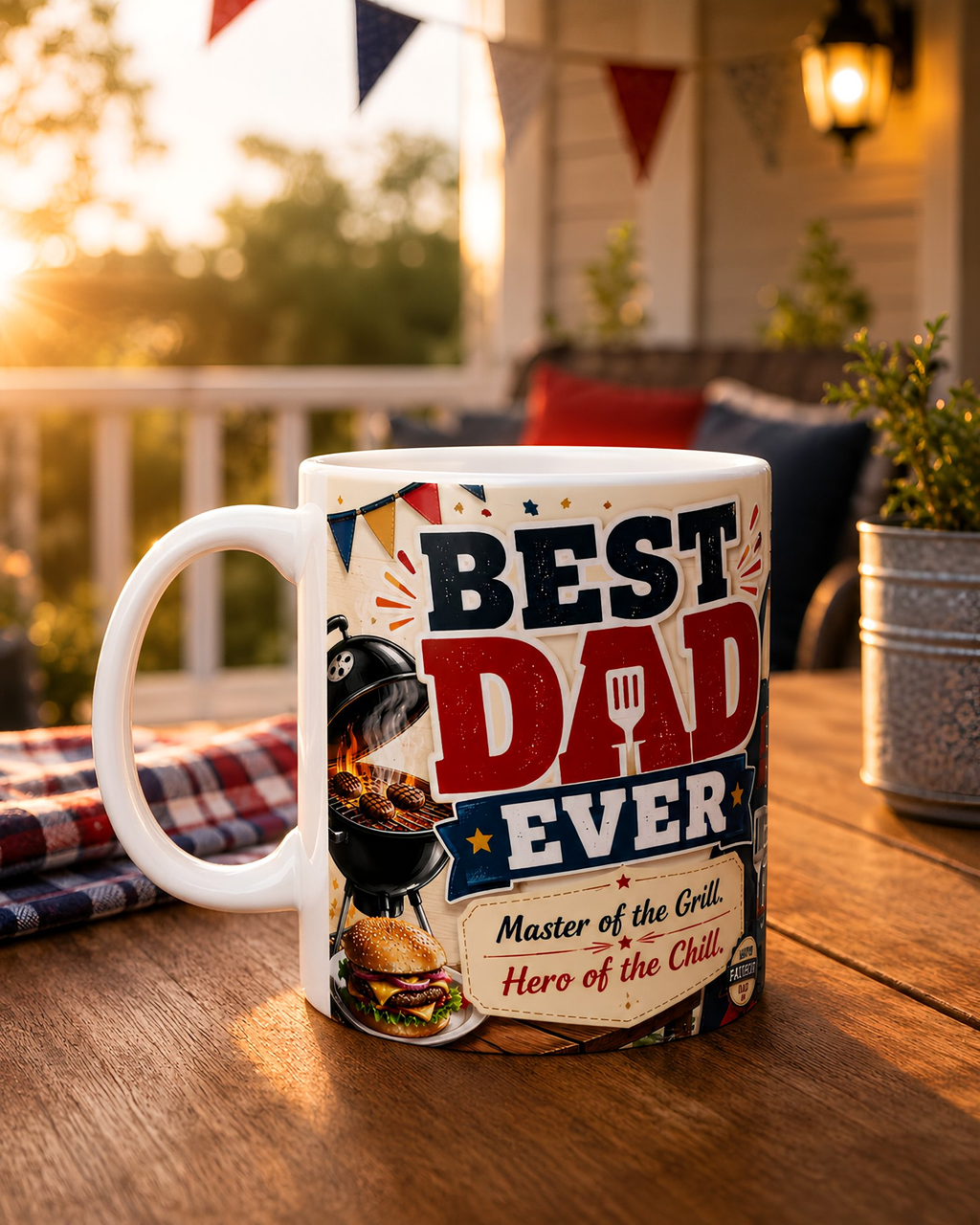 A white mug with a design that says "BEST DAD EVER" and "Master of the Grill" printed on it, placed on a wooden table.