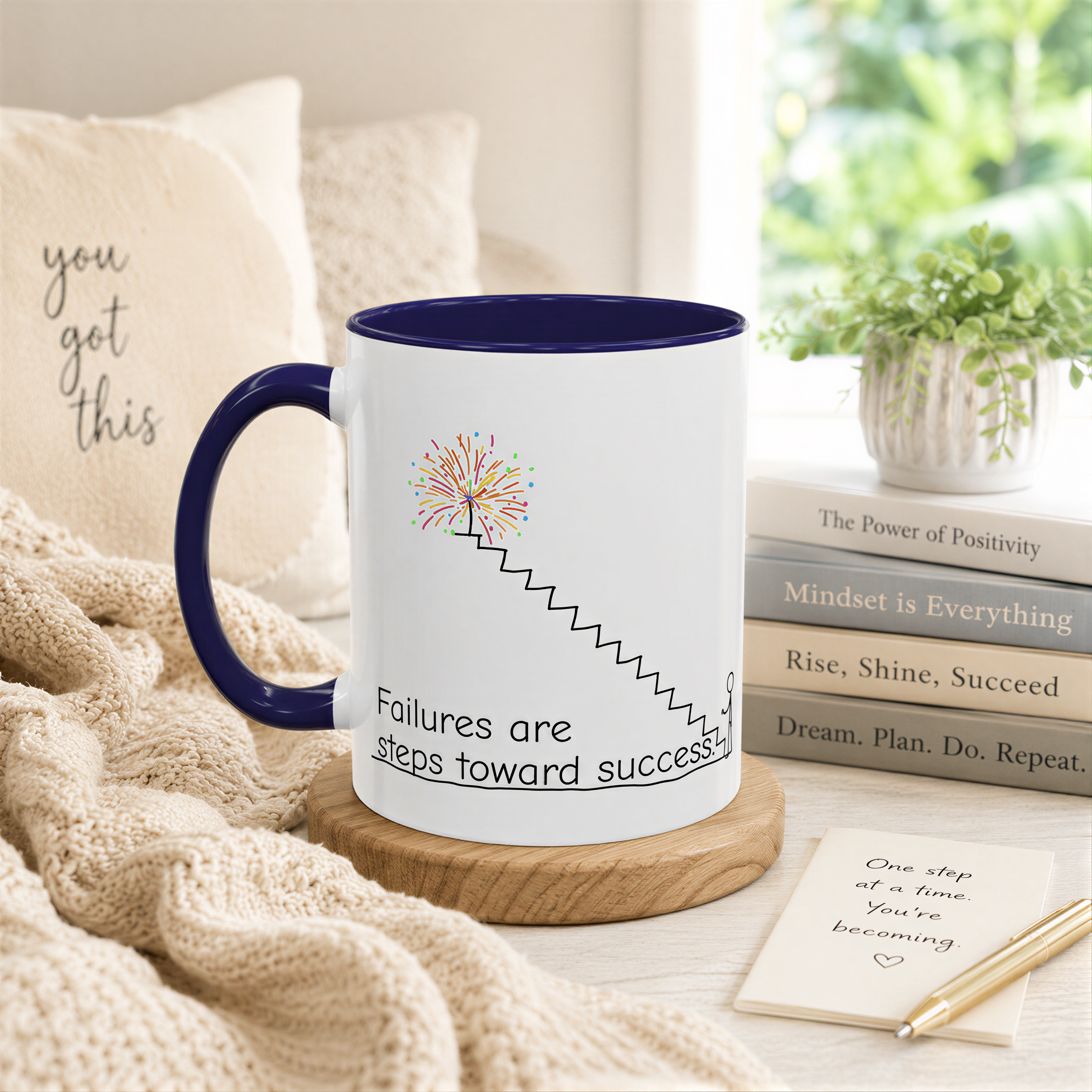 A white mug with a blue rim, featuring a colorful design and the text "Failures are steps toward success!" placed on a wooden coaster. The mug is surrounded by a beige blanket, a stack of books, and a potted plant.