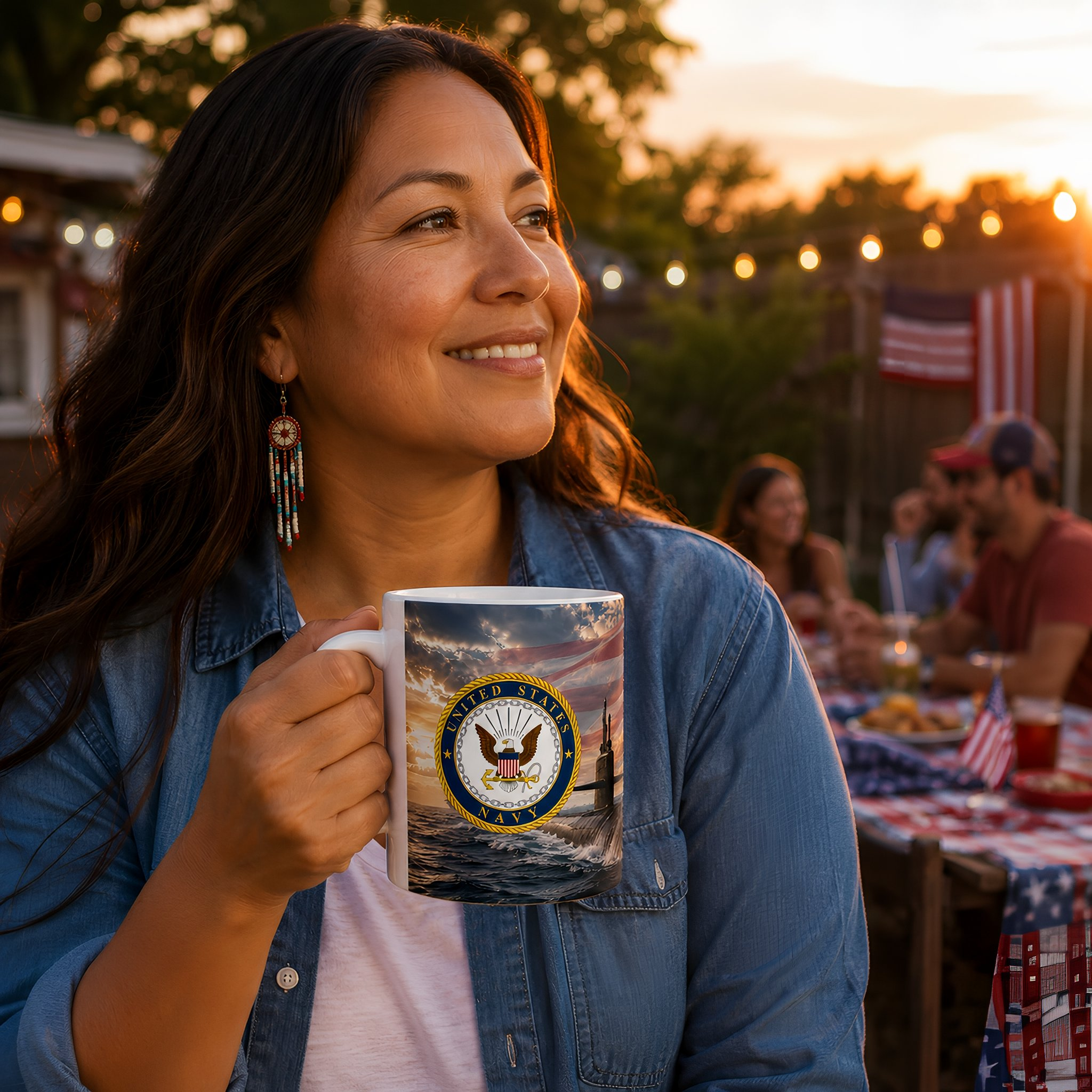 A woman holding a mug with a military emblem, smiling and looking to the side.