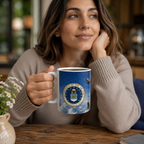 A woman is sitting at a table, holding a mug with the United States Air Force seal on it. She is looking off to the side with a smile on her face.