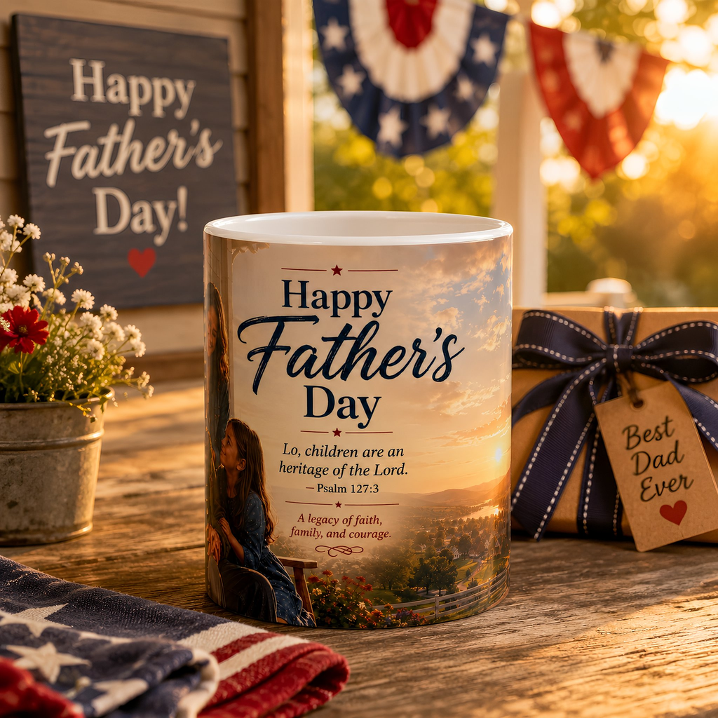 A Father's Day mug with a printed design, surrounded by other Father's Day-themed items such as a gift tag, a potted plant, and a patriotic flag.