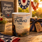 A Father's Day mug with a printed design, surrounded by other Father's Day-themed items such as a gift tag, a potted plant, and a patriotic flag.