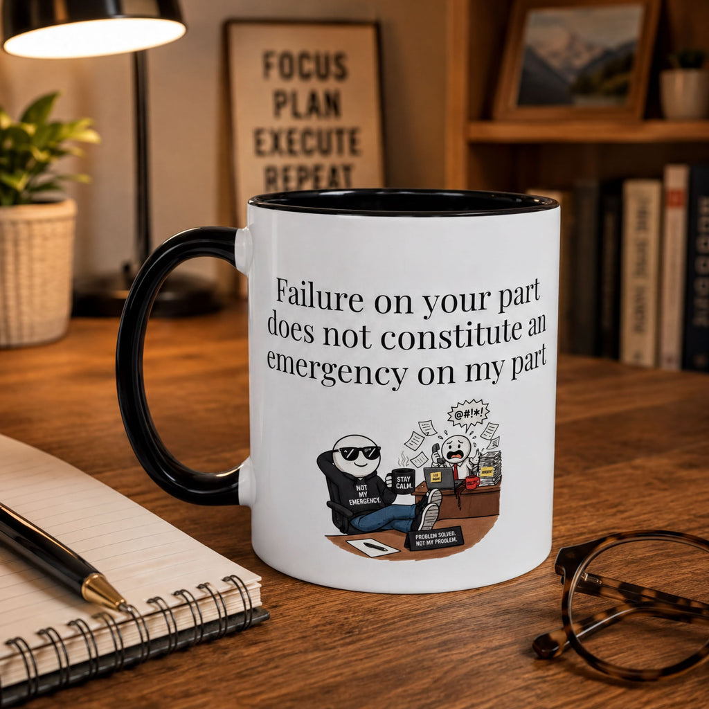 A white mug with a black handle, featuring a cartoon character and text, placed on a wooden desk next to a notebook and glasses.