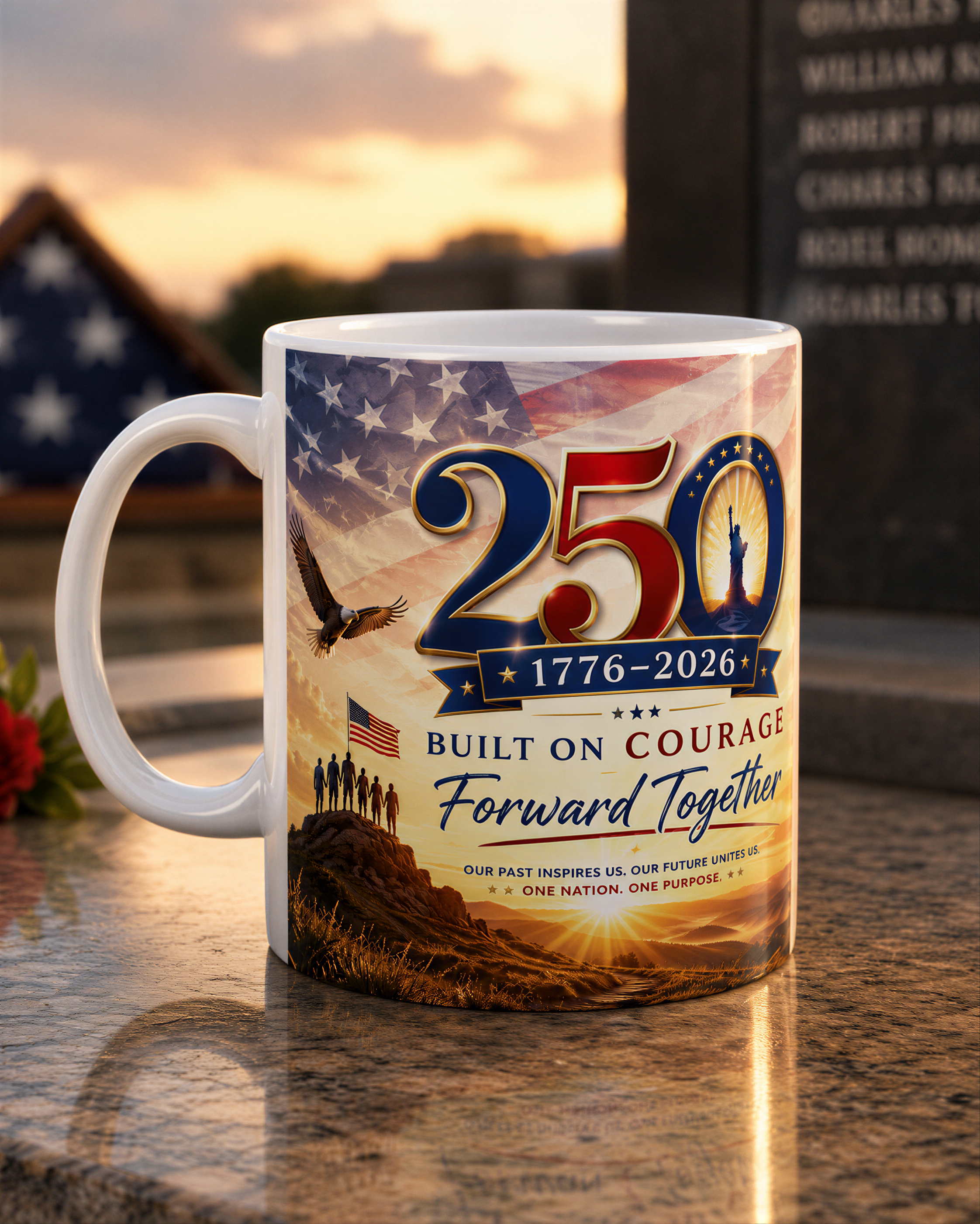 A white coffee mug with a patriotic design featuring the American flag, an eagle, and a group of people standing together. The text on the mug reads "250 - 1776-2026 Built on Courage Forward Together" and "Our past heroes built our future together as one nation, one purpose - *".
