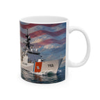 A white ceramic mug featuring a printed image of a large naval ship sailing on the water, with an American flag in the background.