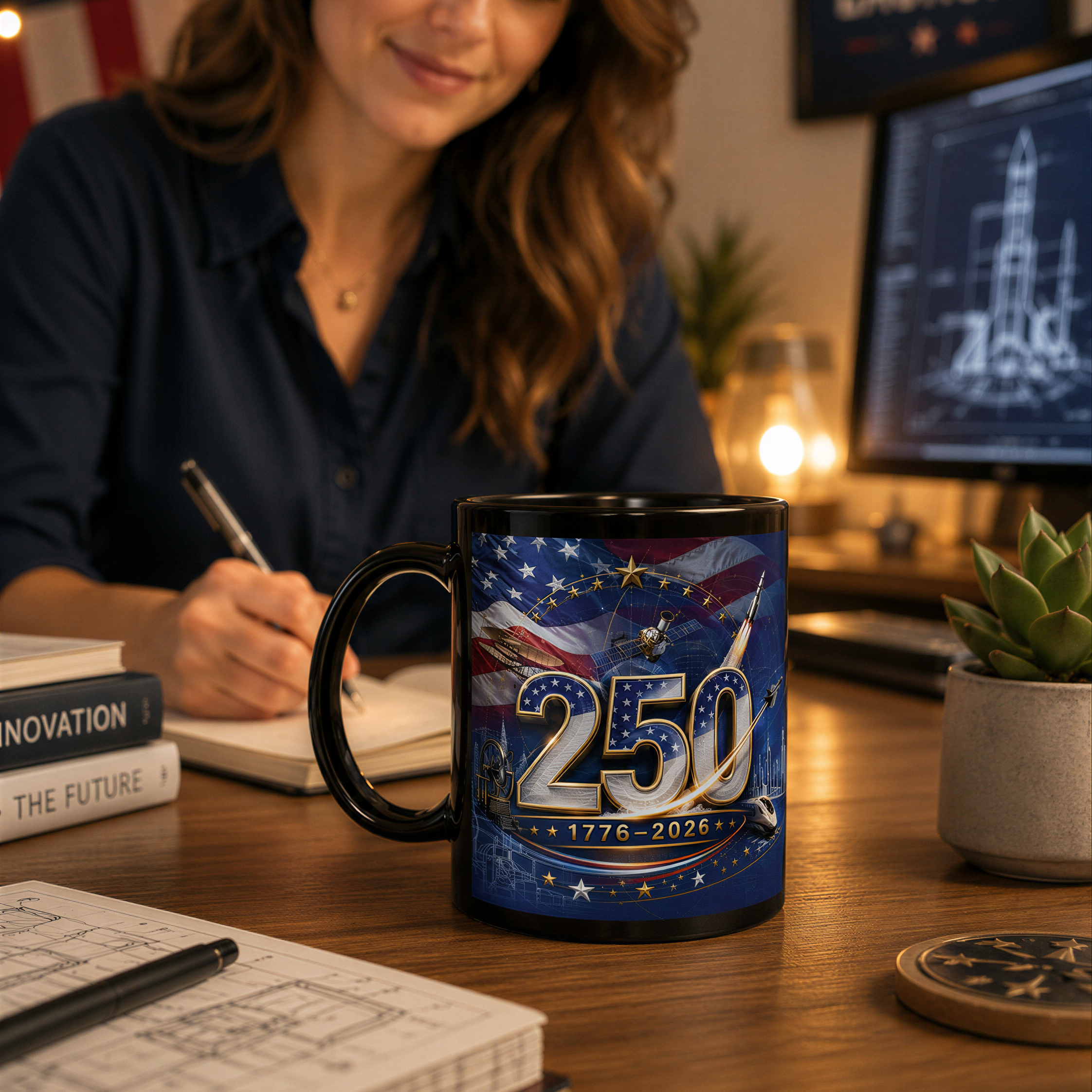 A woman is sitting at a desk, writing in a notebook, with a mug featuring a space shuttle design in front of her.