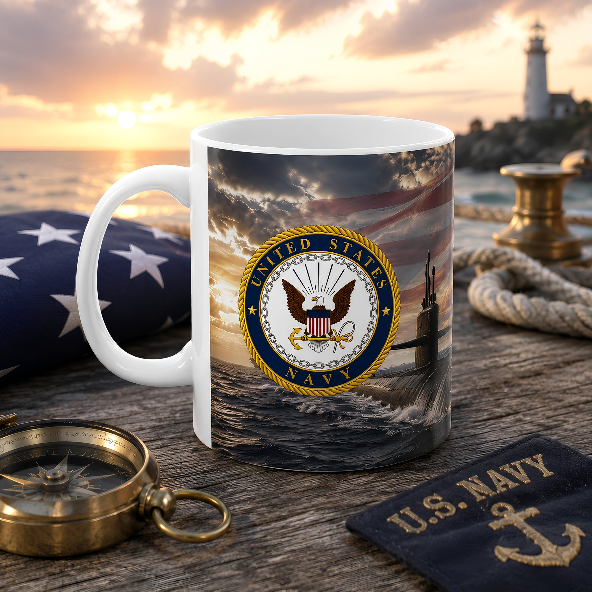 a mug with a design of the United States Navy seal, a symbol of the U.S. Navy, along with a compass and a U.S. Navy patch.