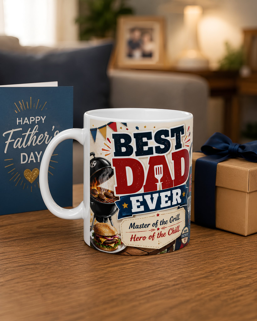 A white mug with a design that says "BEST DAD EVER" and "Master of the Grill" printed on it, placed on a wooden table next to a greeting card and a gift box.