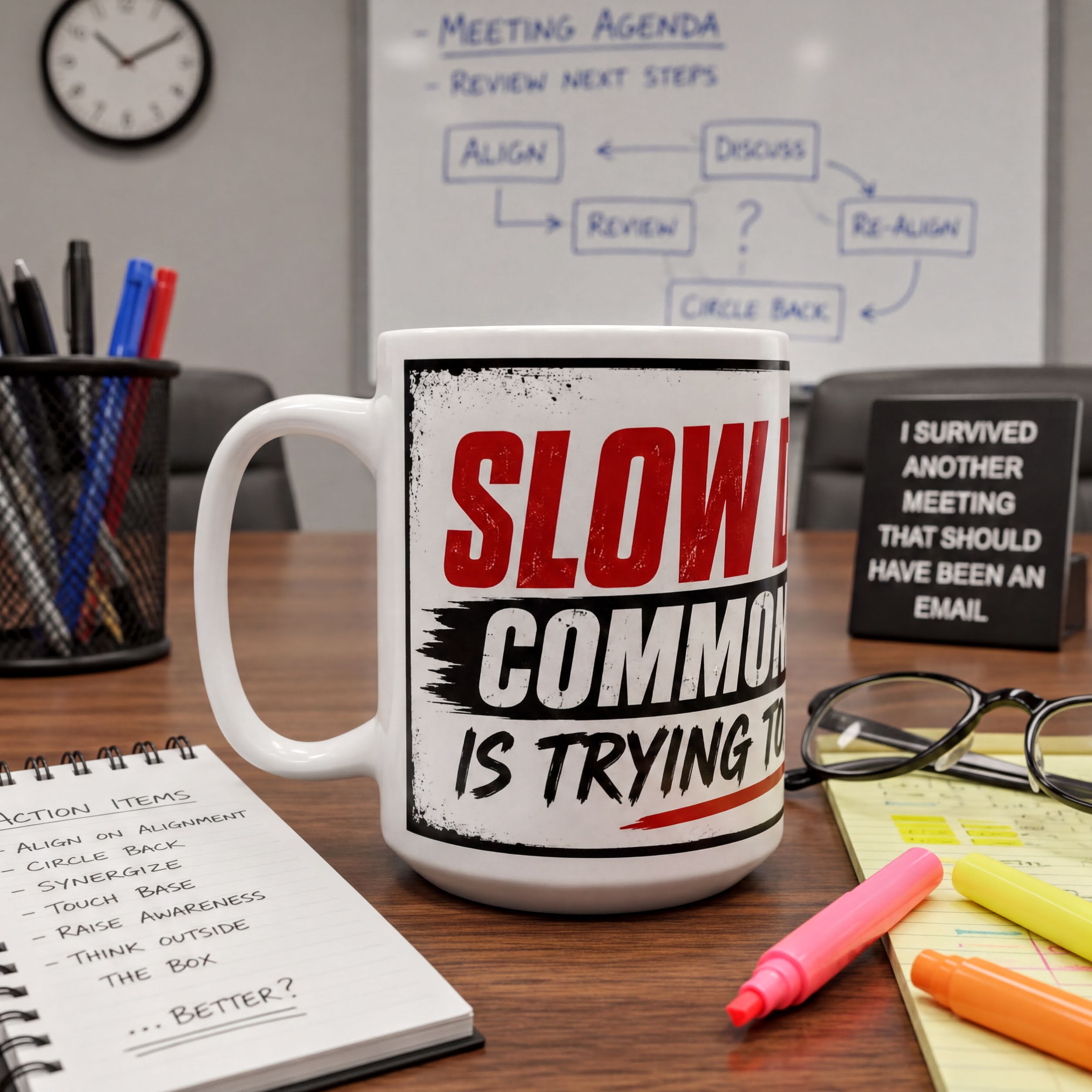 a white mug with the text "SLOW AND COMMON IS TRYING TO BE A REVOLUTION" on it, placed on a wooden desk with various office supplies such as pens, a notebook, and a clock. In the background, there is a whiteboard with a meeting agenda and a sign that reads "I Survived Another Meeting That Should Have Been an EMAIL".